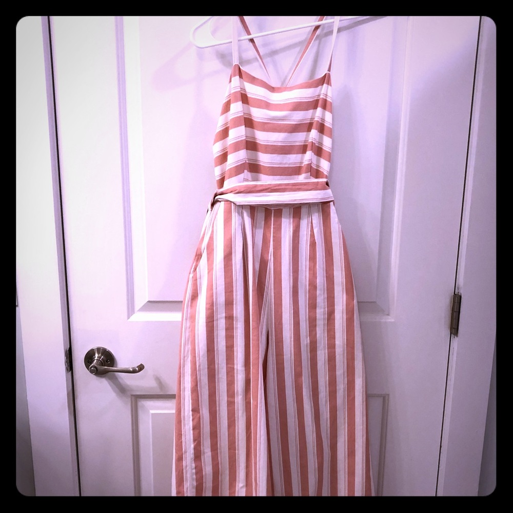 Coral and white striped jump suit